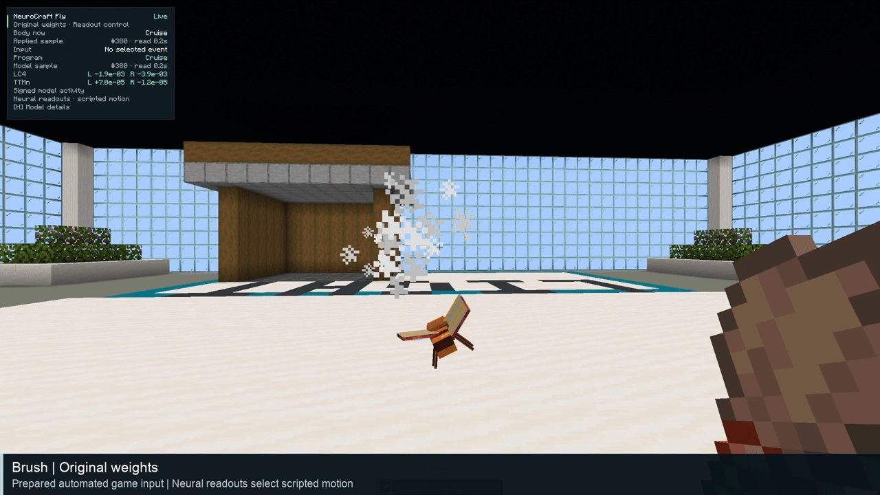 NeuroCraft Fly Minecraft demo showing a fruit fly and neural activity HUD